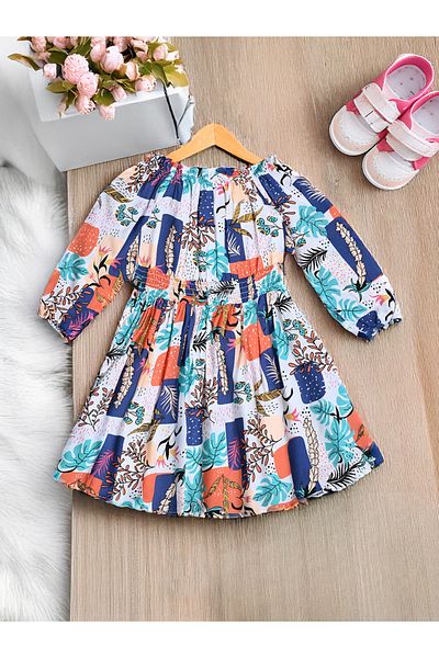 Bella Moda By Styli All-Over Print Cotton Dress with Smocked Waist