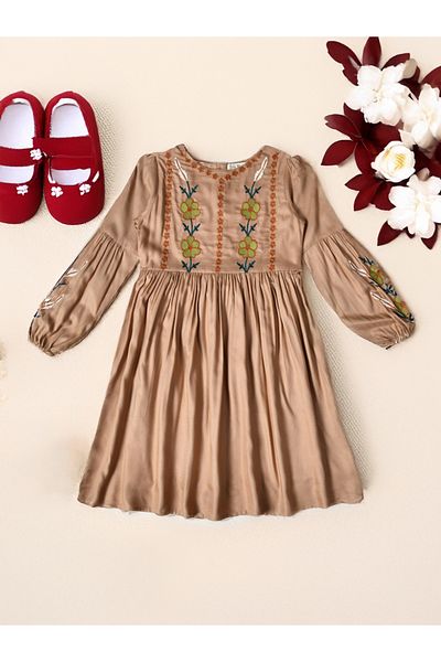 Bella Moda By Styli Floral Embroidered Round Neck Knee-Length Dress