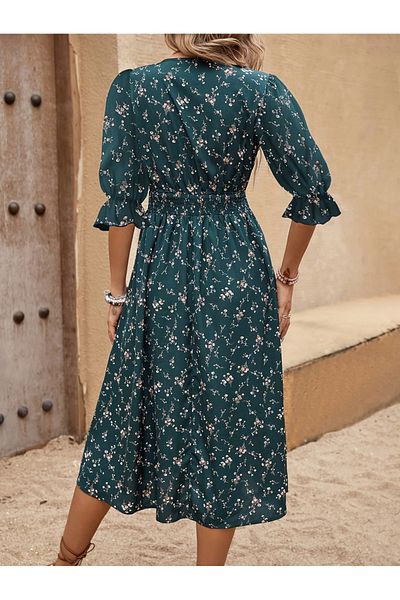 Take Two By Styli Floral Print Puff Sleeve Ruffle Hem Midi Dress