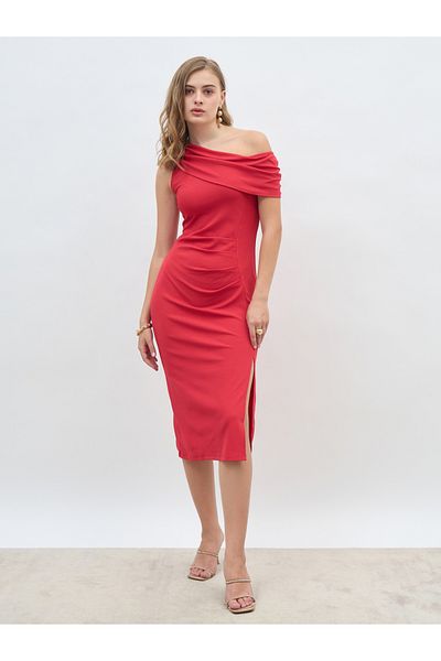 Styli Solid One Shoulder Sheath Midi Dress with Ruched Detail