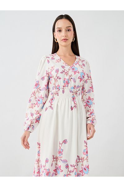 Styli Floral Printed Balloon Sleeve Midi Dress with Smocked Details