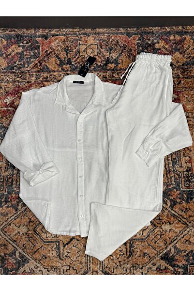 NO 601 Cămașă pentru bărbați din amestec de in și muselină albă și set de pantaloni albi din muselină