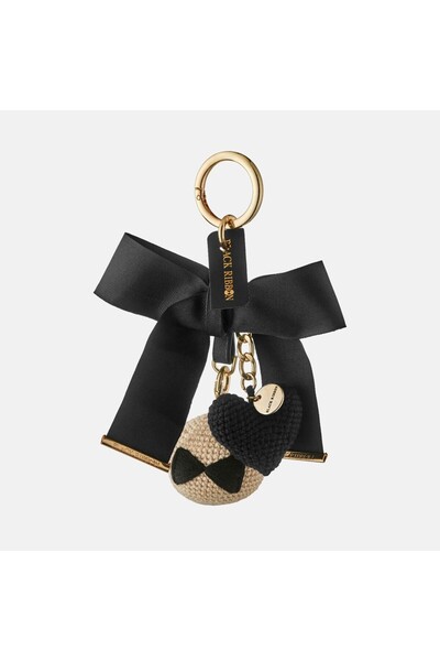 Black Ribbon Women's Bag Charm with Knitted Logo Ball and Heart - Handmade