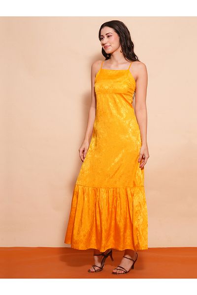 Globus By Styli Women Yellow Self Design Satin Strappy A-Line Maxi Dress