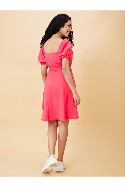 Globus By Styli Women Pink Solid Square Neck A-Line Knee-Length Dress