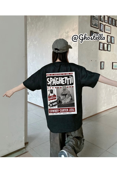 Minga London تيشيرت أسود سباغيتي بيونسيه كاوبوي مطبوع كبير الحجم للجنسين - Gh...