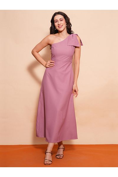 Globus By Styli Women Pink Solid One Shoulder A-Line Maxi Dress with Bow Detail