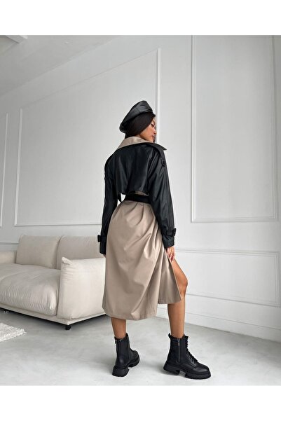 MSN İthal Bonded Kumaş & Deri Kumaş Astarlı Trençkot -Siyah -Nhn132