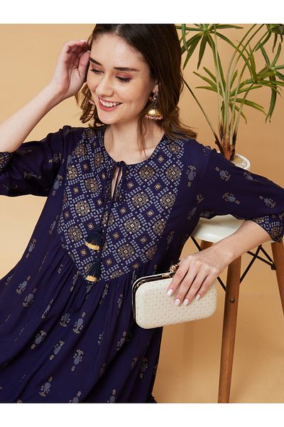 Globus By Styli Women Blue Printed Tie-Up Neck A-Line Mini Dress