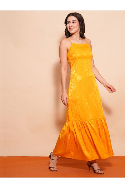 Globus By Styli Women Yellow Self Design Satin Strappy A-Line Maxi Dress