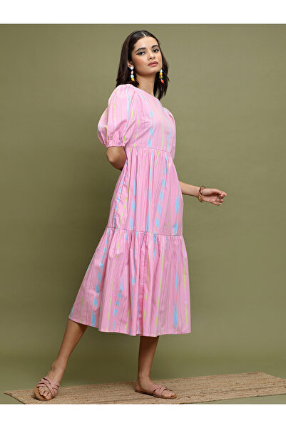 Vishudh By Styli Women Pink Striped Puff Sleeves A-Line Midi Dress