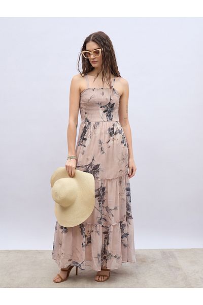 Styli Floral Printed Strappy Tiered Maxi Dress with Smocked Bodice
