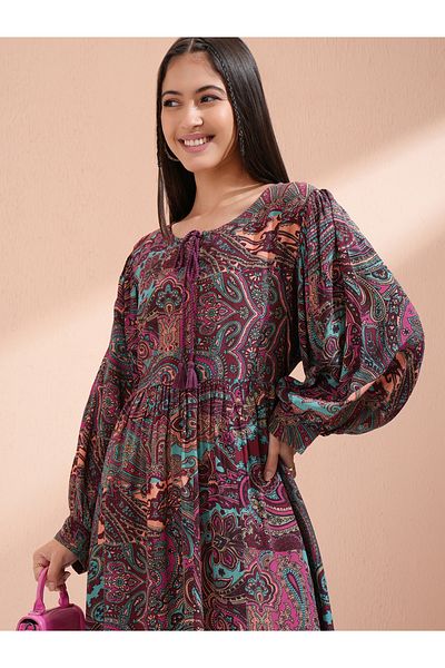 Vishudh By Styli Women Paisley Print Tie-Up Neck A-Line Knee-Length Dress