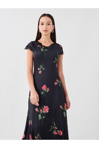 Styli Floral Print Lace Detail Short Sleeve Midi Dress