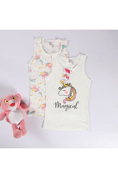 elmas kids Girl's 100% Cotton Unicorn Patterned 2-Piece Undershirt and 2-Piece Boxer Set