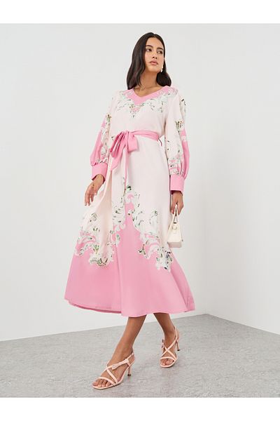 Keenly By Styli Floral Print V-Neck Belted A-Line Maxi Dress