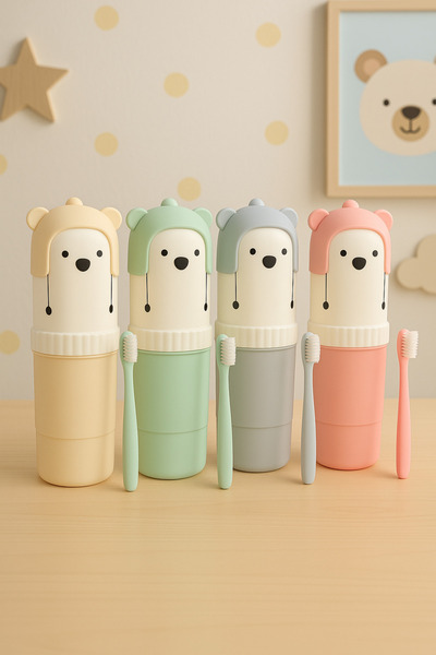 Poomy Teddy Bear Designed Toothbrush Holder Container Portable Organizer - Pe...