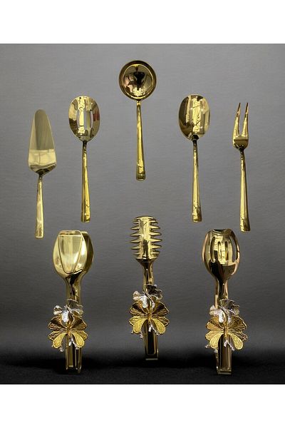Aslı Hediyelik 8-Piece Stainless Steel Gold Colander, Ladle, Shovel, Fork, Spoon, Butterfly Tongs Serving Set, Dowry
