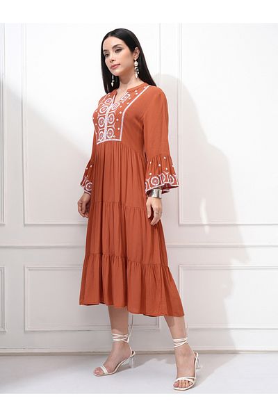 Vishudh By Styli Women Embroidered Long Sleeves A-Line Midi Dress