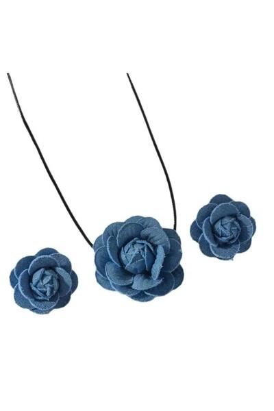 Pelin Aksesuar Mavi Jean/Kot Çiçekli Choker Küpe Seti