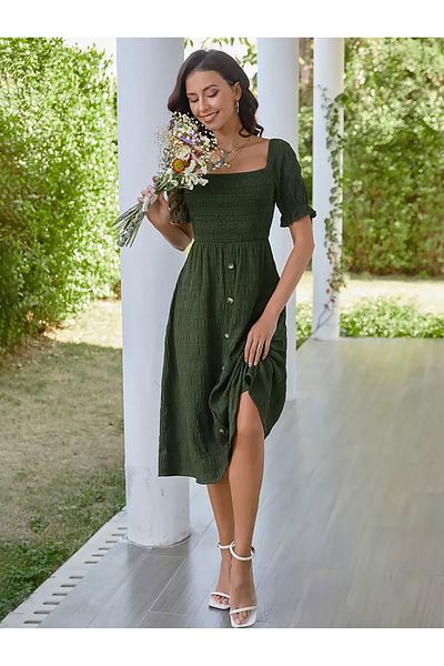 Take Two By Styli Solid Short Sleeve Knee Length Dress with Smocked Detail