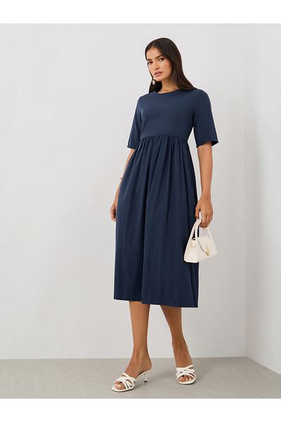 Take Two By Styli Solid Short Sleeve Round Neck A-Line Midi Dress