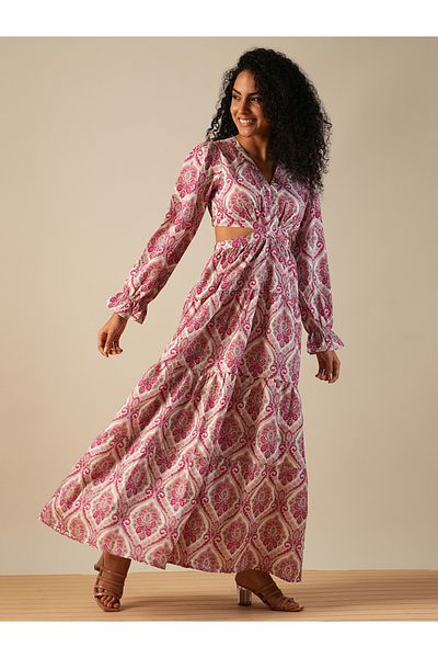 Globus By Styli Women Pink All-Over Print V Neck Tiered Maxi Dress with Cut Out Detail