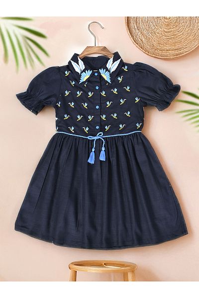 Bella Moda By Styli Embroidered Puff Sleeve Knee-Length Dress