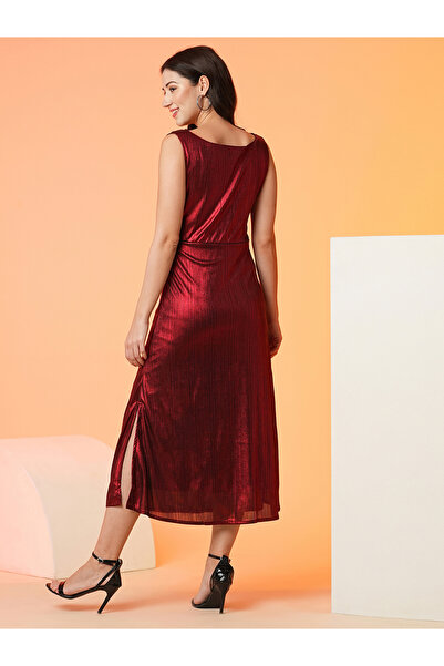 Globus By Styli Women Red Plain Cowl Neck Sheath Midi Dress