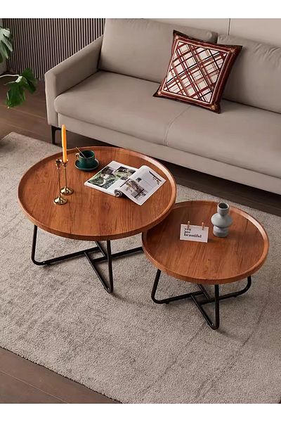 sharpdo Minimalist Nesting Table Set, Round-shaped End Table for Living Room (80*80*46+60*60*39CM)