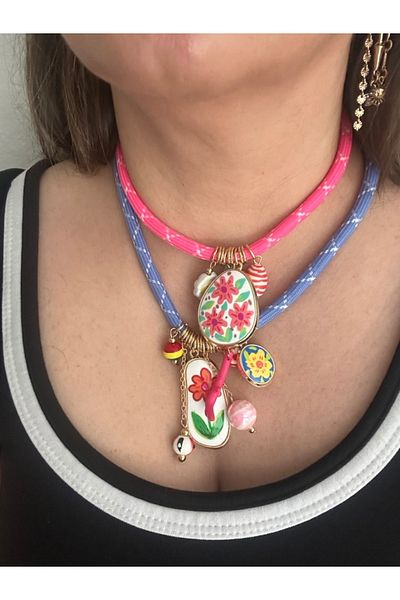 ALS Tasarım Dünyası Women's Brand Model Pink and Blue Color Thick Rope End Flower and Fish Figured Stylish Design 2-Piece Necklace