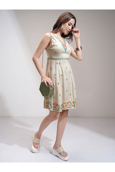 Vishudh By Styli Women Embroidered V Neck A-Line Mini Dress