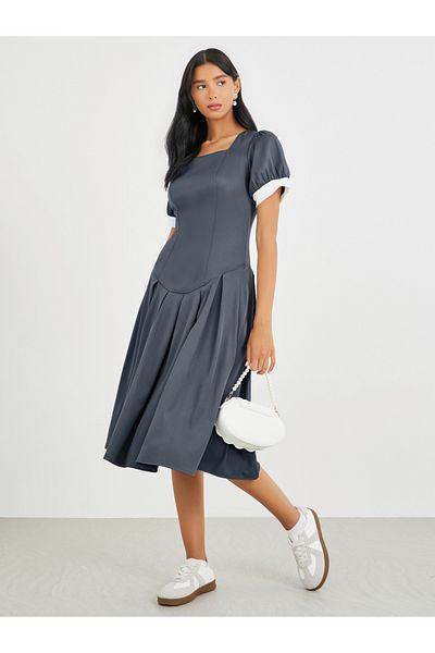 Styli Solid Pleated Square Neck Puff Sleeve Midi Dress