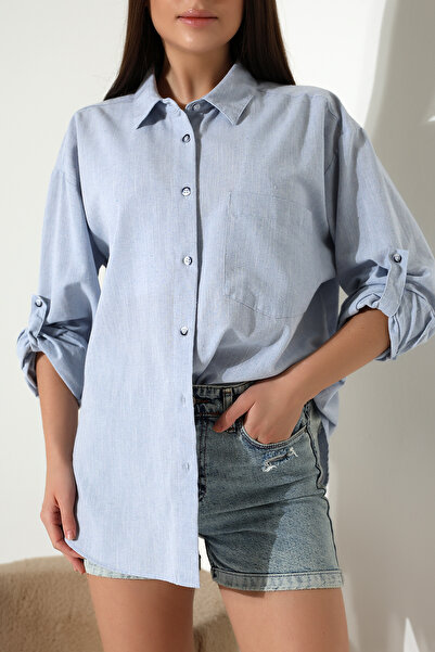 Corradeo Giyim New Season Oversize Pattern Cotton Linen Fabric Applique Pocket Epaulet Women's Shirt