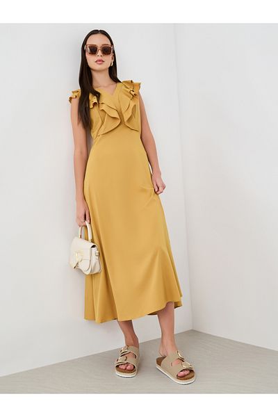 Styli Solid V-Neck Ruffled Detail Sleeveless Midi Dress