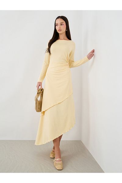 Styli Solid Gathered Waist Asymmetric Hem Midi Dress
