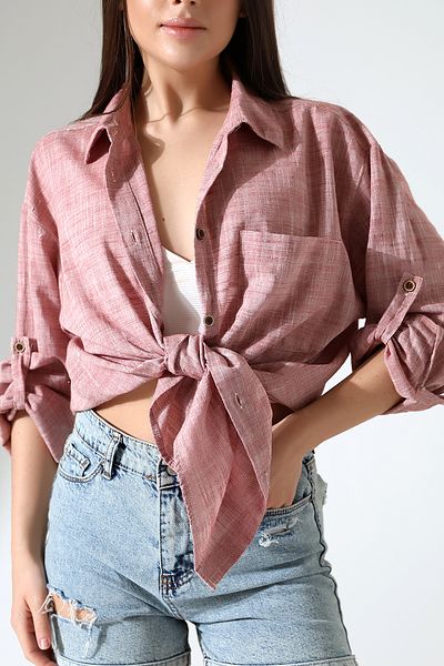 Corradeo Giyim New Season Oversize Pattern Cotton Linen Fabric Applique Pocket Epaulet Women's Shirt