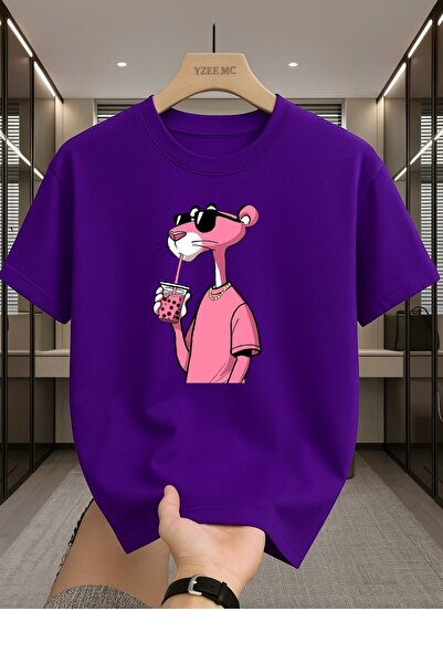 Madali Boutique Pembe Panter Baskılı Unisex Bisiklet Yaka Pamuk Oversize Boyf...