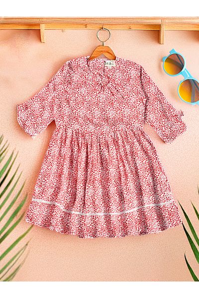 Bella Moda By Styli Floral Print Gathered Cotton Dress with Bow Detail