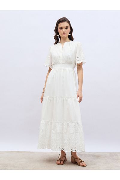 Styli Schiffli Trim Smocked Detail Tiered Maxi Dress