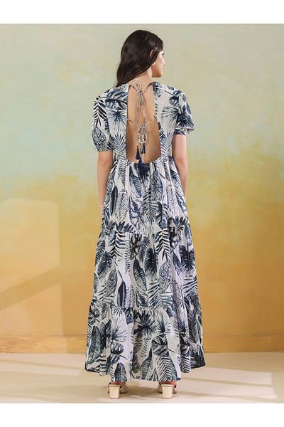 Sanskrutihomes By Styli Floral Print Puff Sleeves Tiered Maxi Dress with Back Tie