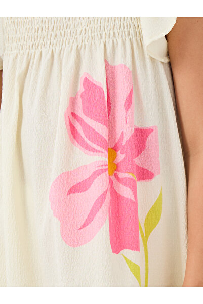 Styli Girls Graphic Print Smocked Yoke Dress with Ruffled Sleeves