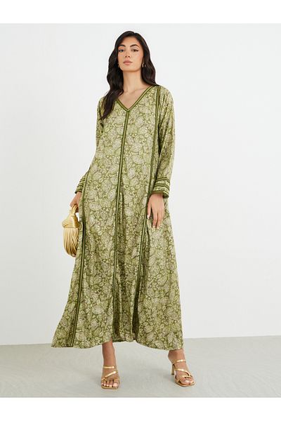 Styli All-Over Printed V Neck Jalabiya with Lace Trim