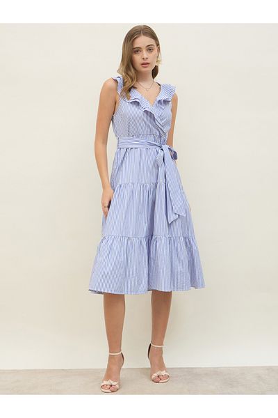 Styli Striped Sleeveless Wrap Look A-Line Midi Dress