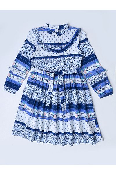 Bella Moda By Styli All-Over Print Mandarin Collar Cotton Dress with Ruffle Trim