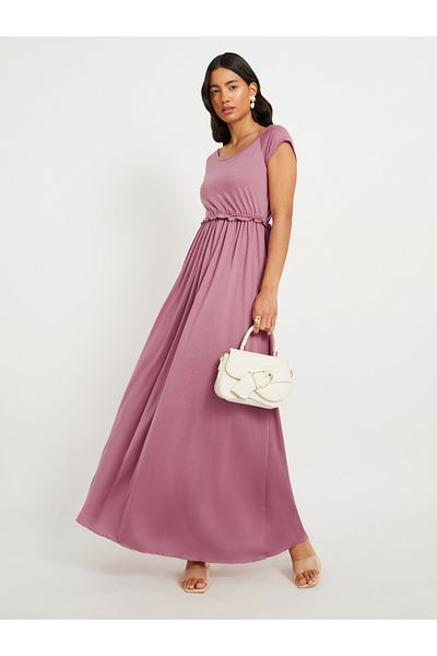 Styli Solid short sleeves Waist ruffles Maxi Dress
