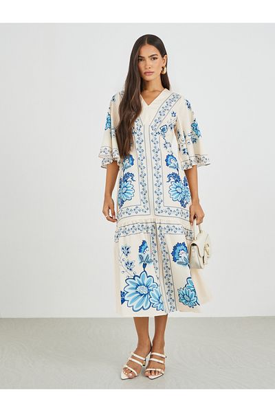 Styli All-Over Print 3/4 Sleeves A-Line Midi Dress