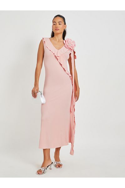 Styli Solid V Neck Ruffle Trim Sheath Midi Dress with Corsage Detail