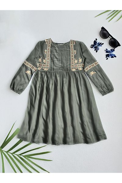 Bella Moda By Styli Embroidered Balloon Sleeves Knee-Length Dress