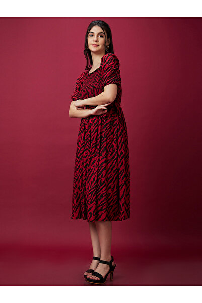 Globus By Styli Women Zebra Print Smocked A-Line Midi Dress with Belted Waist